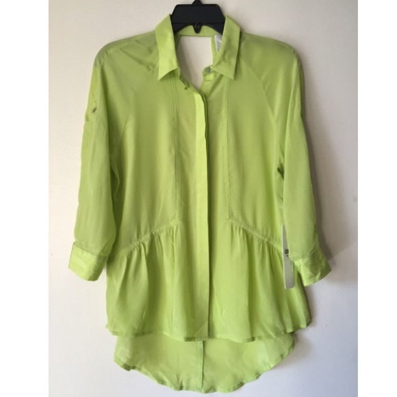 LINE & DOT BLOUSE SHIRT SHEER NEON GREEN TUNIC - Picture 2 of 5